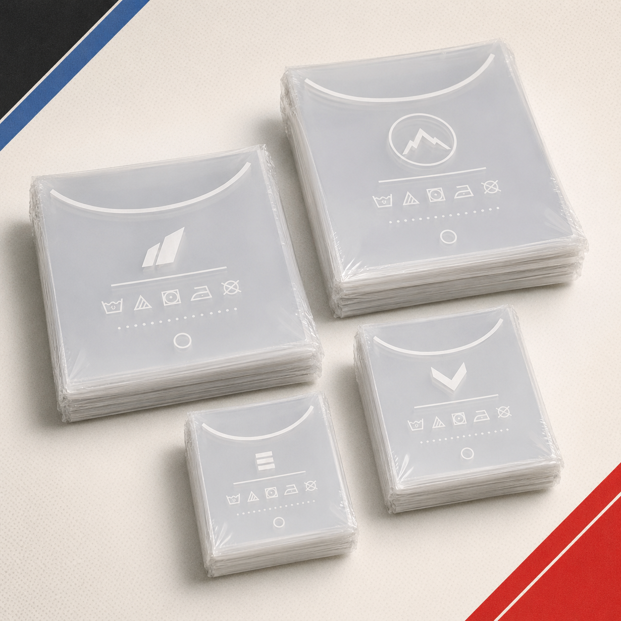 Shrink-wrapped custom tagless DTF neck labels and inside sizing transfers
