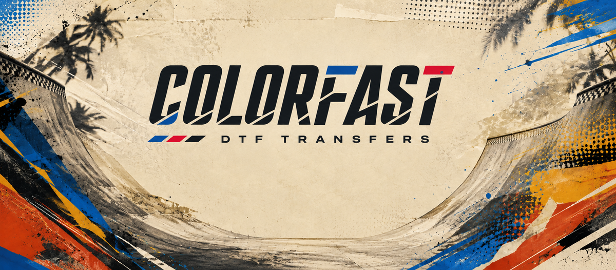 ColorFast DTF logo with an old-school Southern California skateboarding background
