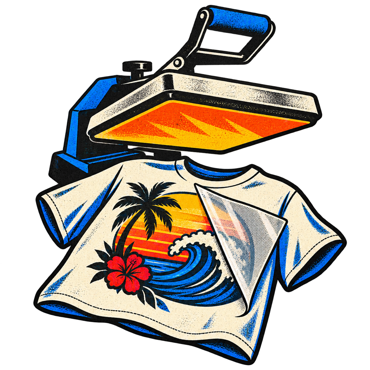 Heat press applying a colorful DTF transfer to a shirt