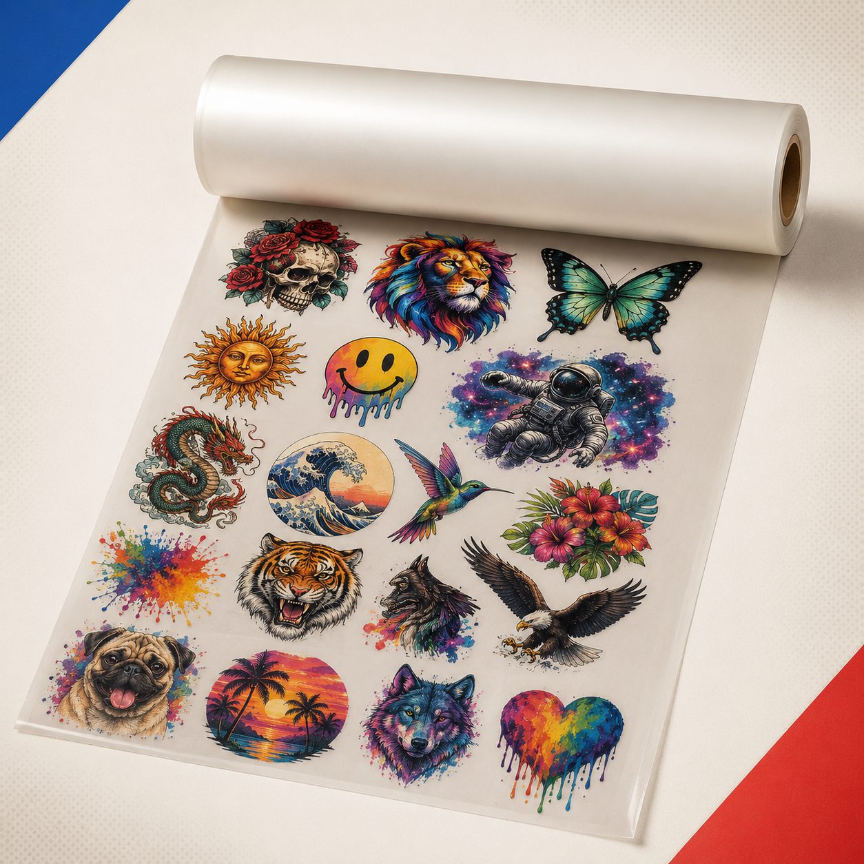 Custom 22-inch DTF gang sheet roll printed with full-color transfer designs