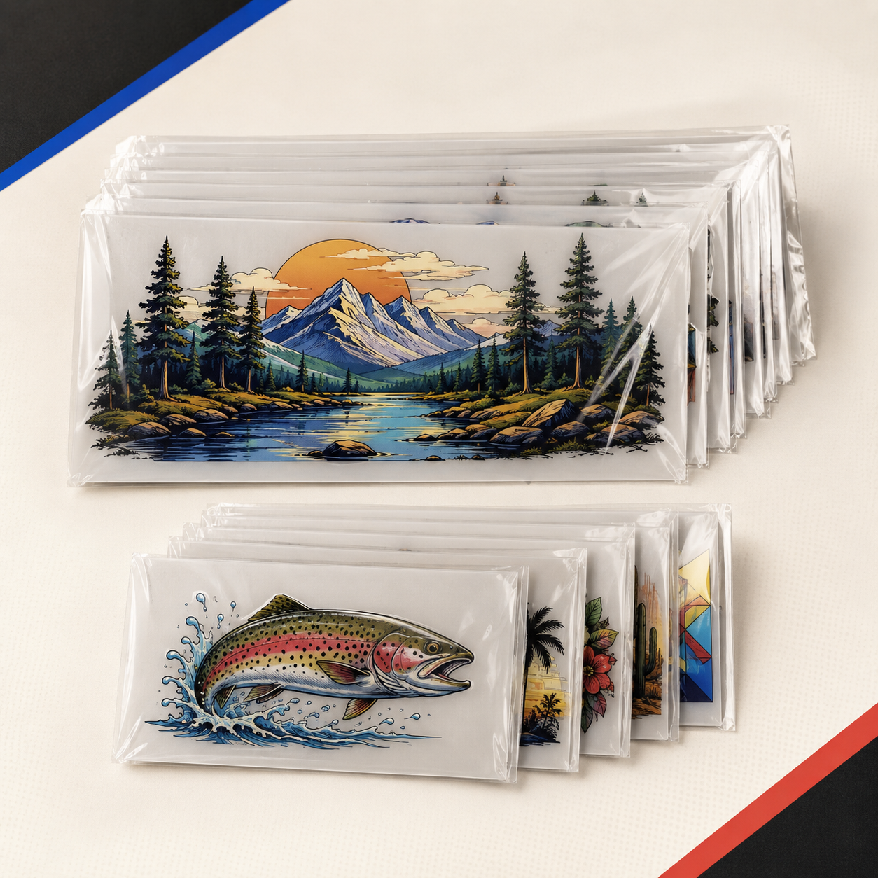 Shrink-wrapped custom DTF hat transfers in standard-front and low-profile sizes