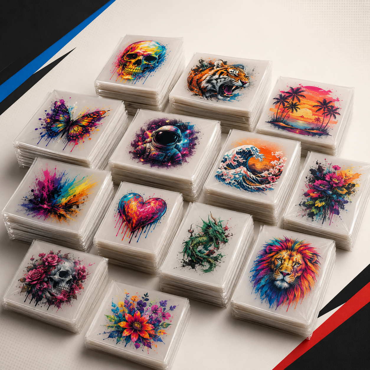 Stacks of custom full-color pocket and sleeve DTF transfers